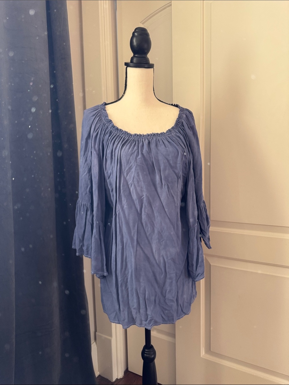 Blue Peasant Blouse with Elastic Scoop Neck